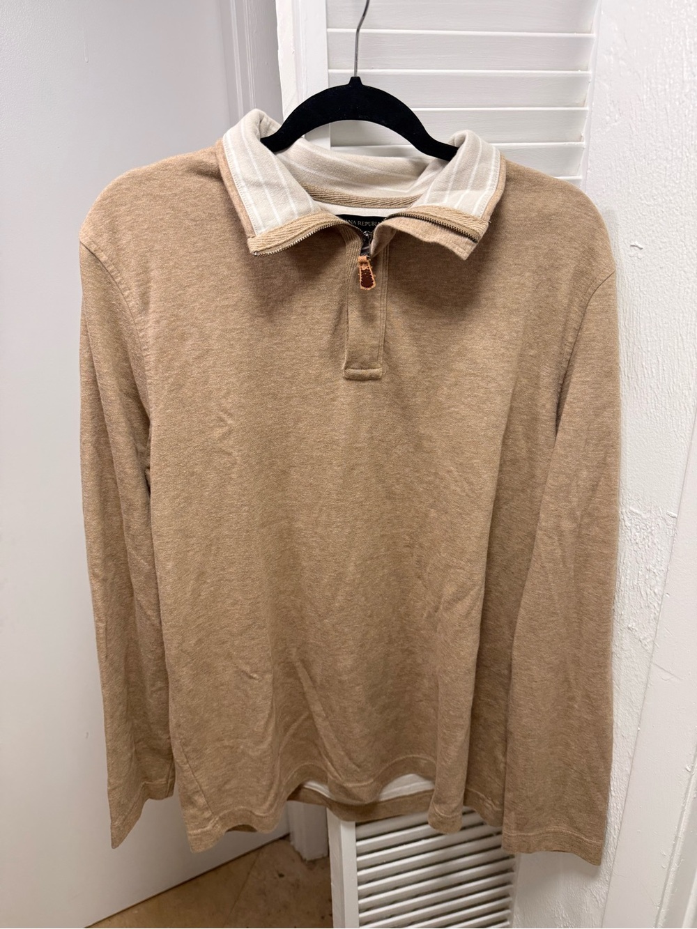 Banana Republic Mens 1/4 Zip Pullover Tan Khaki Mock Neck Cotton Sweater Size L